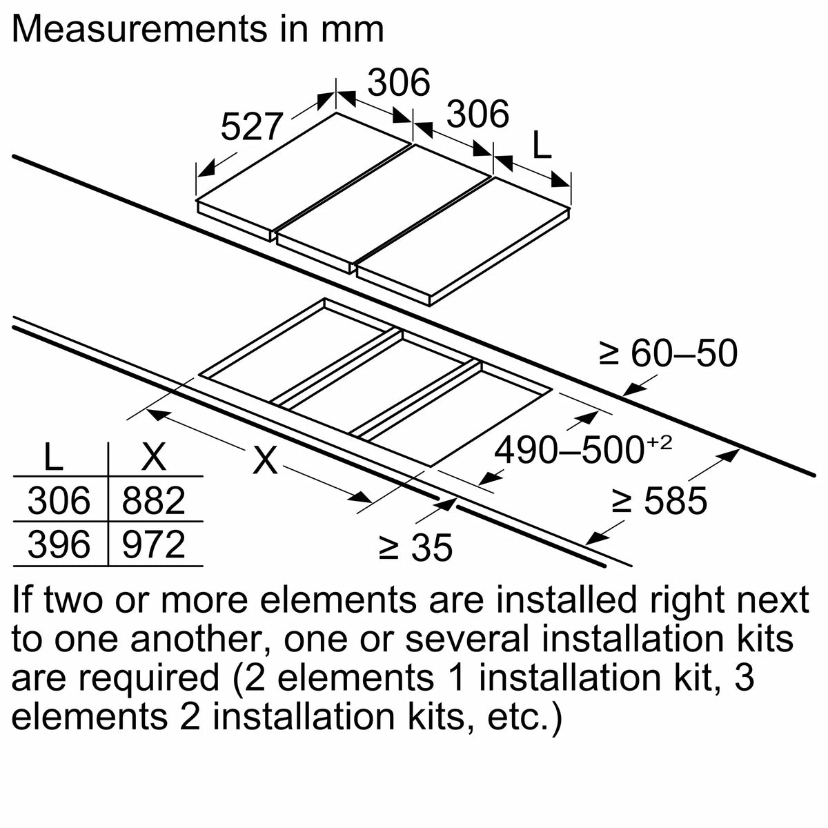 Cut-out and installation dimensions diagram for Bosch PIB375FB5I domino hobs
