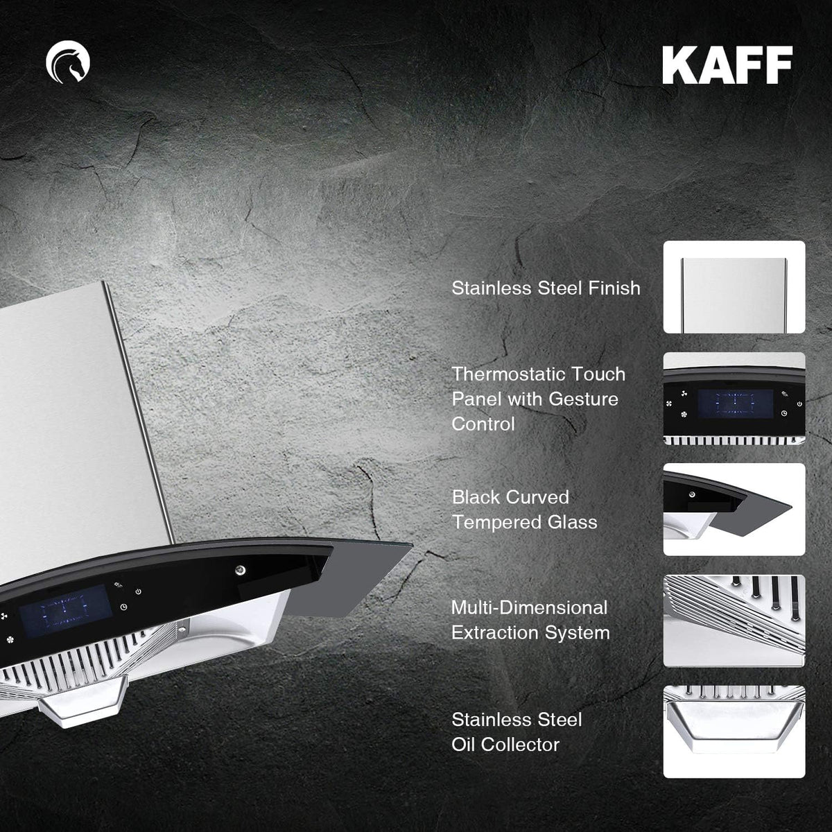 Kaff STELLA DHC 90 SS chimney feature callouts: stainless steel finish, touch panel, curved glass, extraction system, oil collector