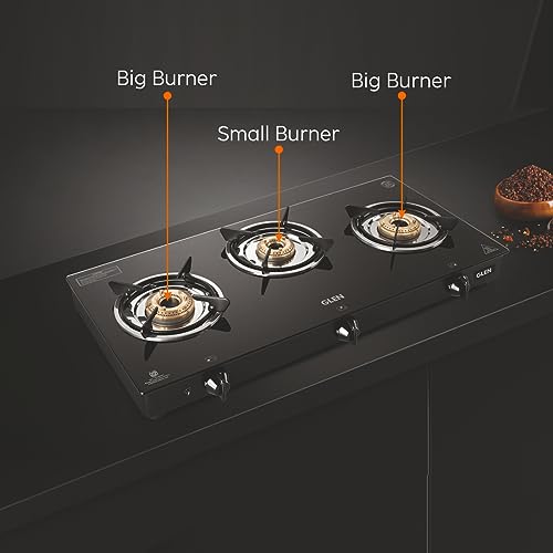 Glen 3 Burner Toughened Glass Top | Black | ISI Certified | Stainless Steel Drip Trays | Anti-Skid Feet | Ergonomic Knobs | 2 Year Warranty | CT3B70BLBB