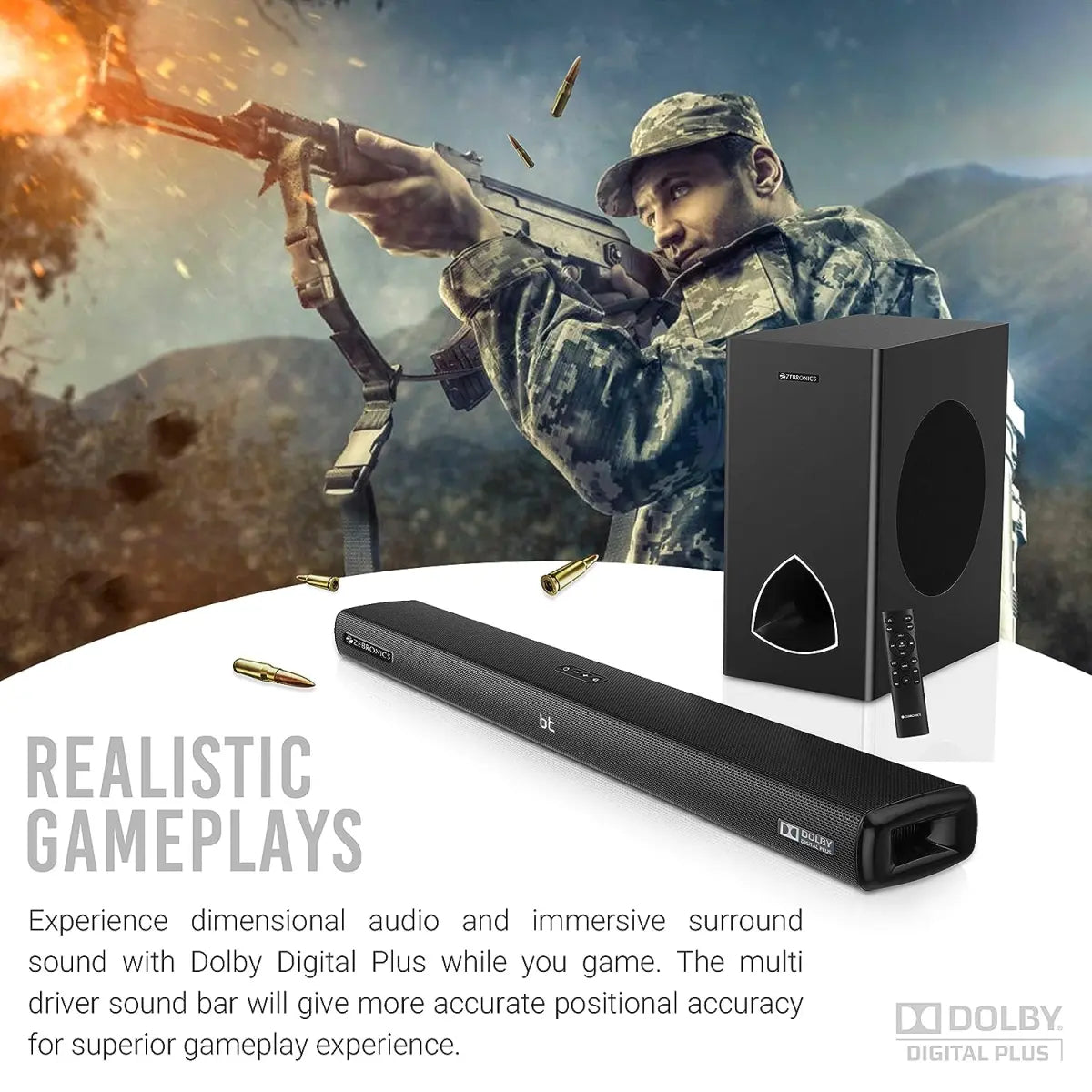 ZEBRONICS Zeb-JUKEBAR 9001 PRO Dolby, 120W Multimedia soundbar with subwoofer Supporting Bluetooth, HDMI(ARC), Optical Input, AUX,USB, Dolby Digital Plus and Remote Control (Black)
