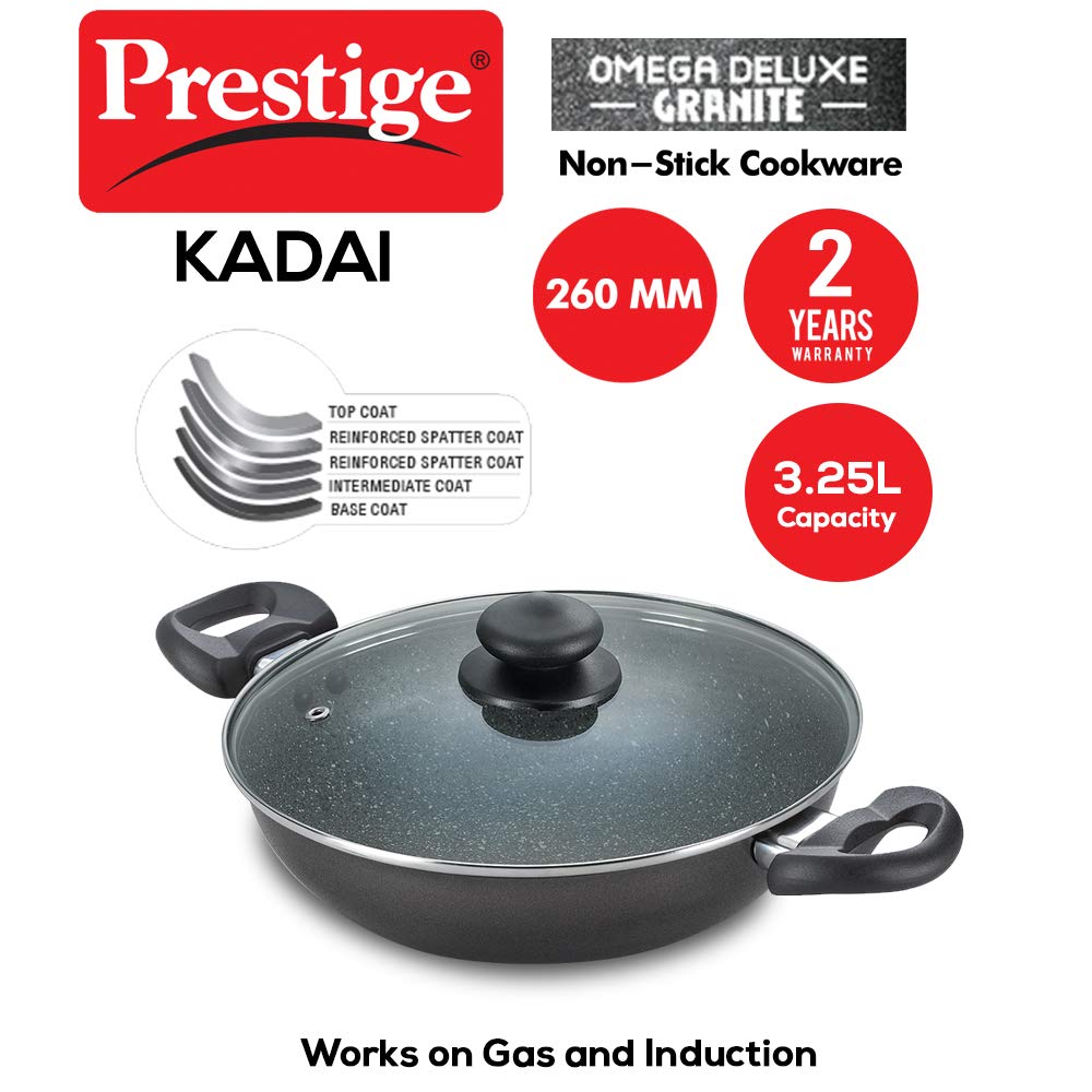 Prestige Omega Deluxe Granite Kadai, 260mm, Black