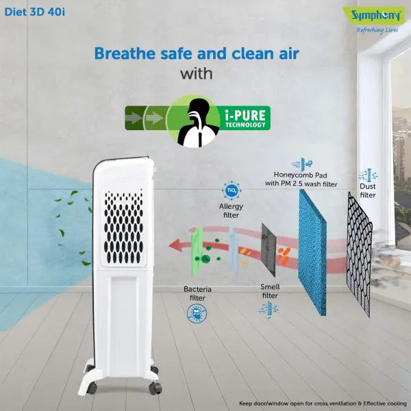 Symphony Diet 3D 40i Tower Air Cooler 40-litres with Magnetic Remote (Black & White)