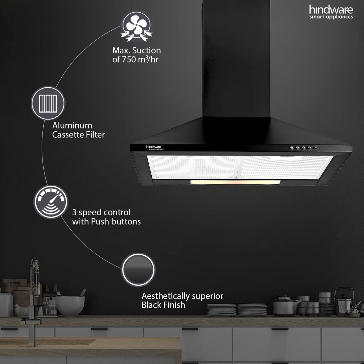 Hindware C100351 black chimney feature overview: 750 m³/hr suction, aluminium cassette filter, 3-speed push buttons, black finish