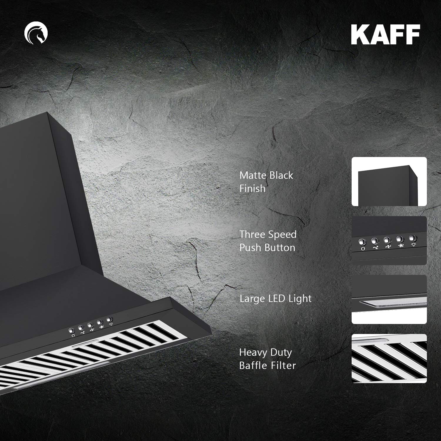 KAFF MELL60B 60CM Kitchen Chimney with 1025 m3/hr Suction, Soft Push Buttons, Matt Black Rust-Free Coating: Heavy Duty Baffle Filter & Pyramid Design