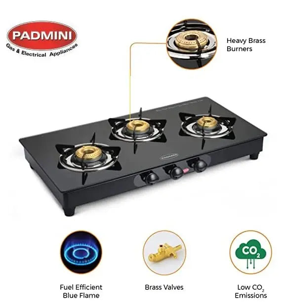 Padmini Gas Stove, 3 Burner, Black (CS-3GT Curve)