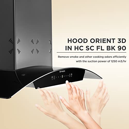 Faber 90cm 1250 m3/hr, 6 way Silent suction, Autoclean Chimney, Filterless,12Yr Warranty on Motor(2Yr Comprehensive), Autoclean Alarm, Mood Lt (HOOD ORIENT 3D IN HC SC FL BK 90,Gesture Contro