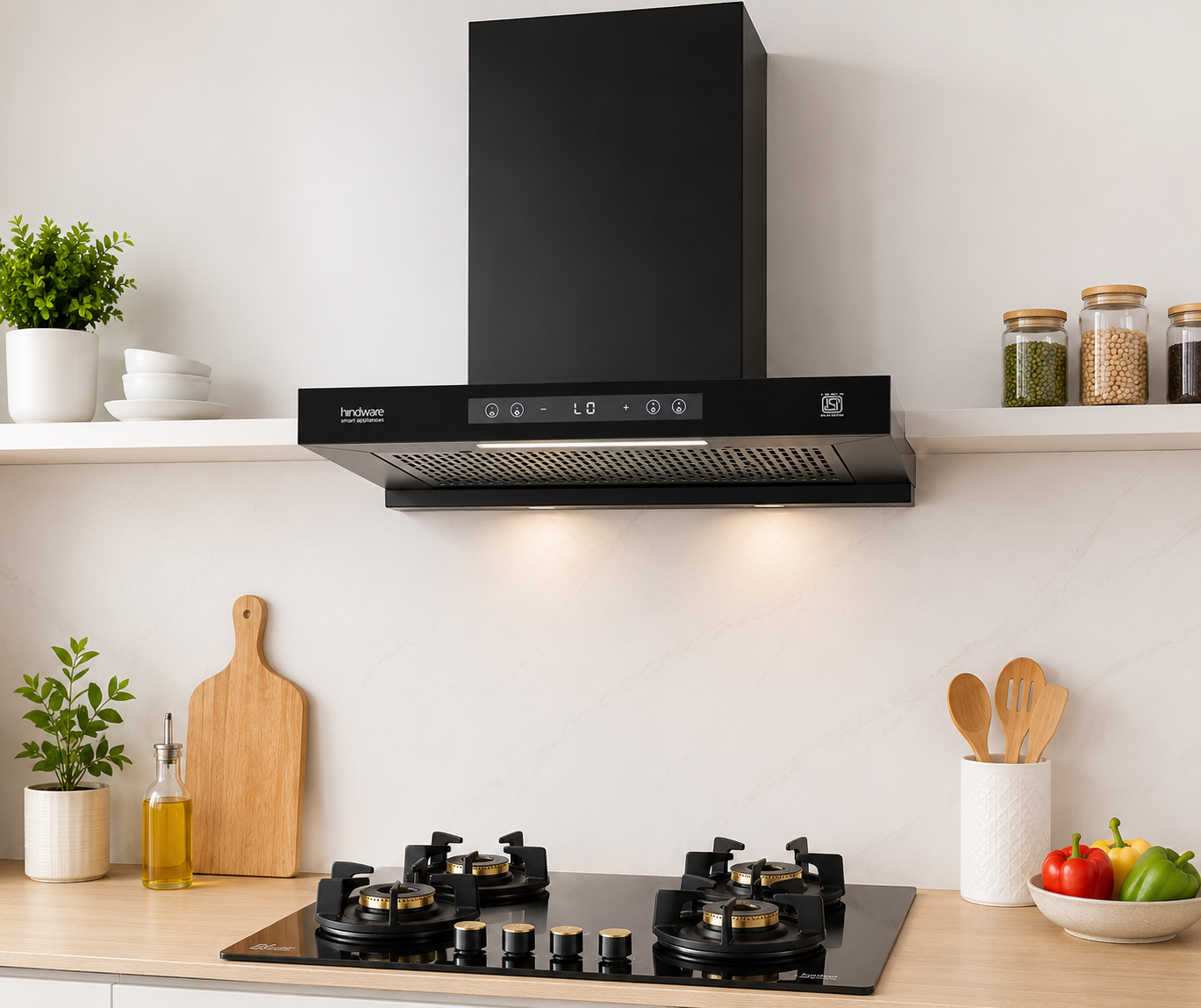 Hindware Darcia BLDC 60 Chimney + Alverio 4 Burner Auto Ignition Cooktop Combo