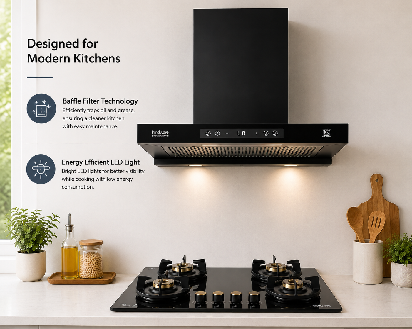 Hindware Darcia BLDC 60 Chimney + Alverio 4 Burner Auto Ignition Cooktop Combo