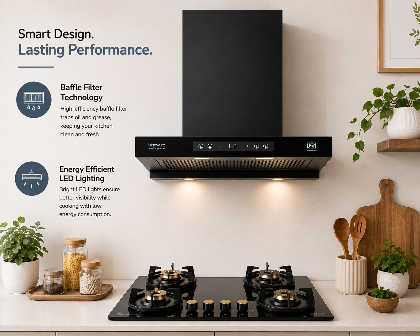 Hindware Darcia BLDC 60 Chimney + Alverio 4 Burner Auto Ignition Cooktop Combo