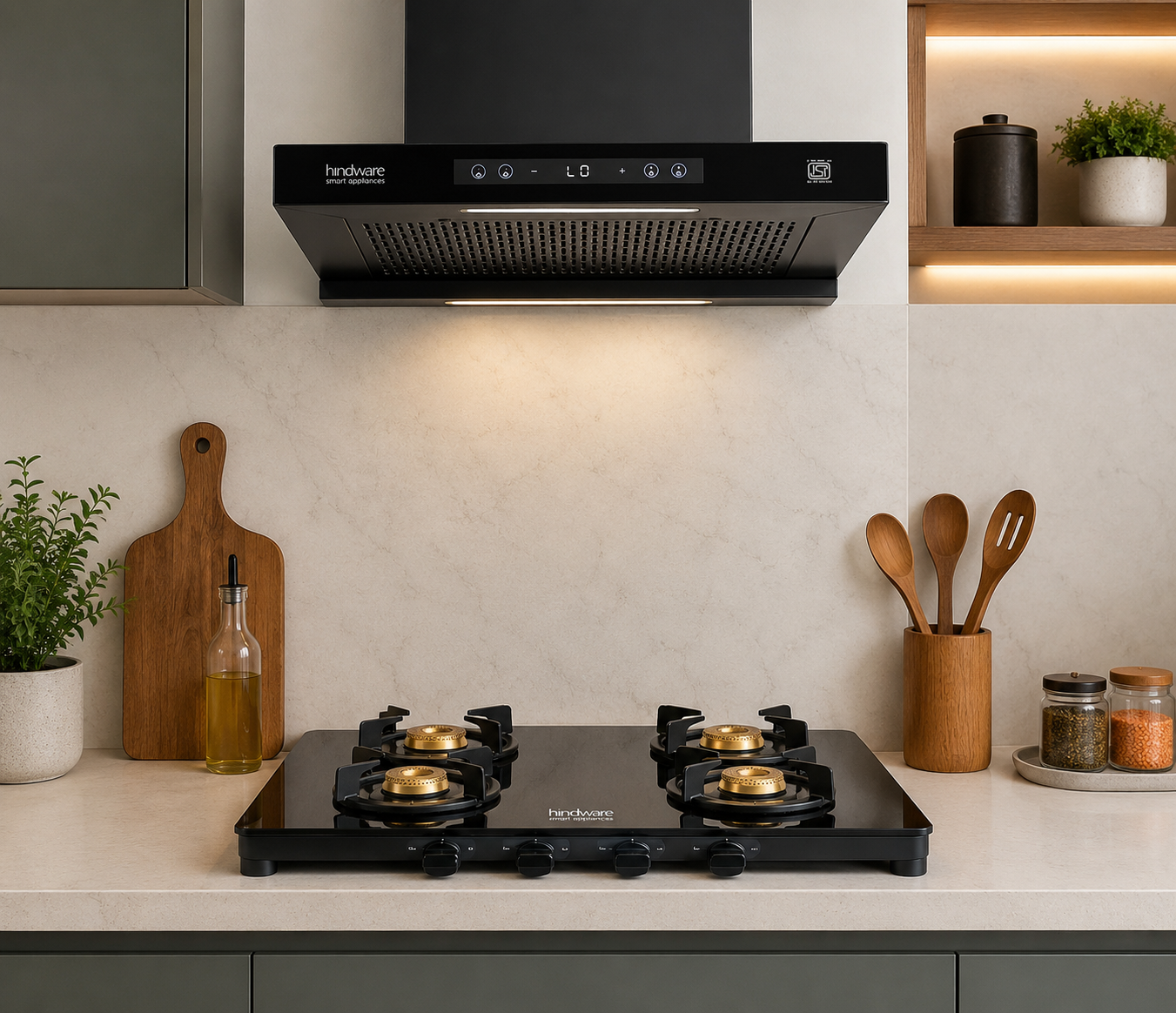 Hindware Darcia BLDC 60 Chimney + Alverio 4 Burner Auto Ignition Cooktop Combo