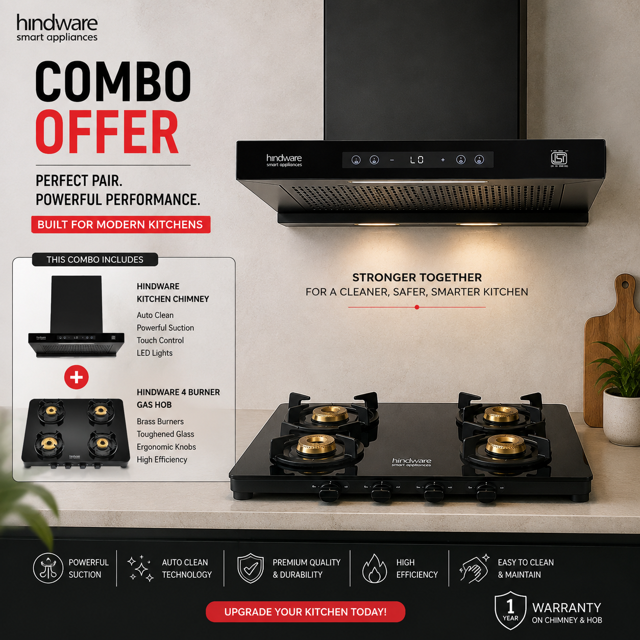 Hindware Darcia BLDC 60 Chimney + Alverio 4 Burner Auto Ignition Cooktop Combo