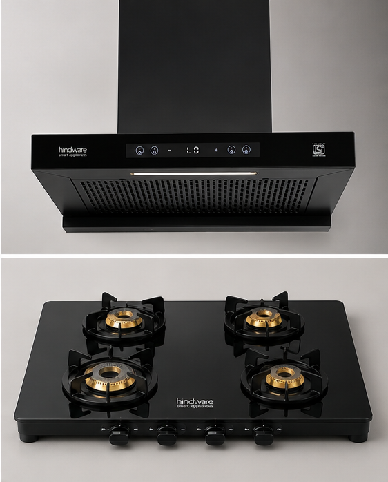 Hindware Darcia BLDC 60 Chimney + Alverio 4 Burner Auto Ignition Cooktop Combo