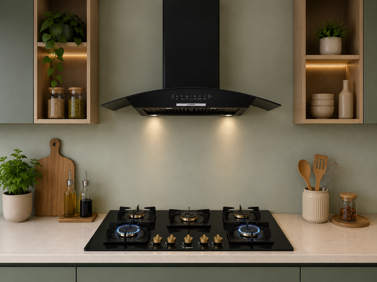 Bosch DWA98IJ60I 90cm Chimney + PNV9B6F20I 90cm 5 Brass Burner Hob Combo