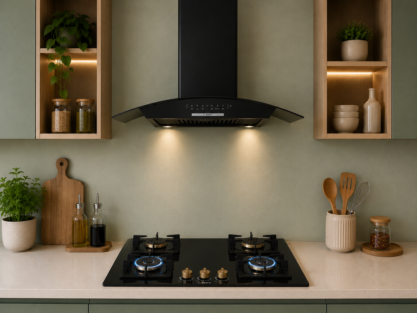 Bosch DWA98IJ60I 90cm Chimney + PNF9B6G20I 90cm 4 Brass Burner Hob Combo