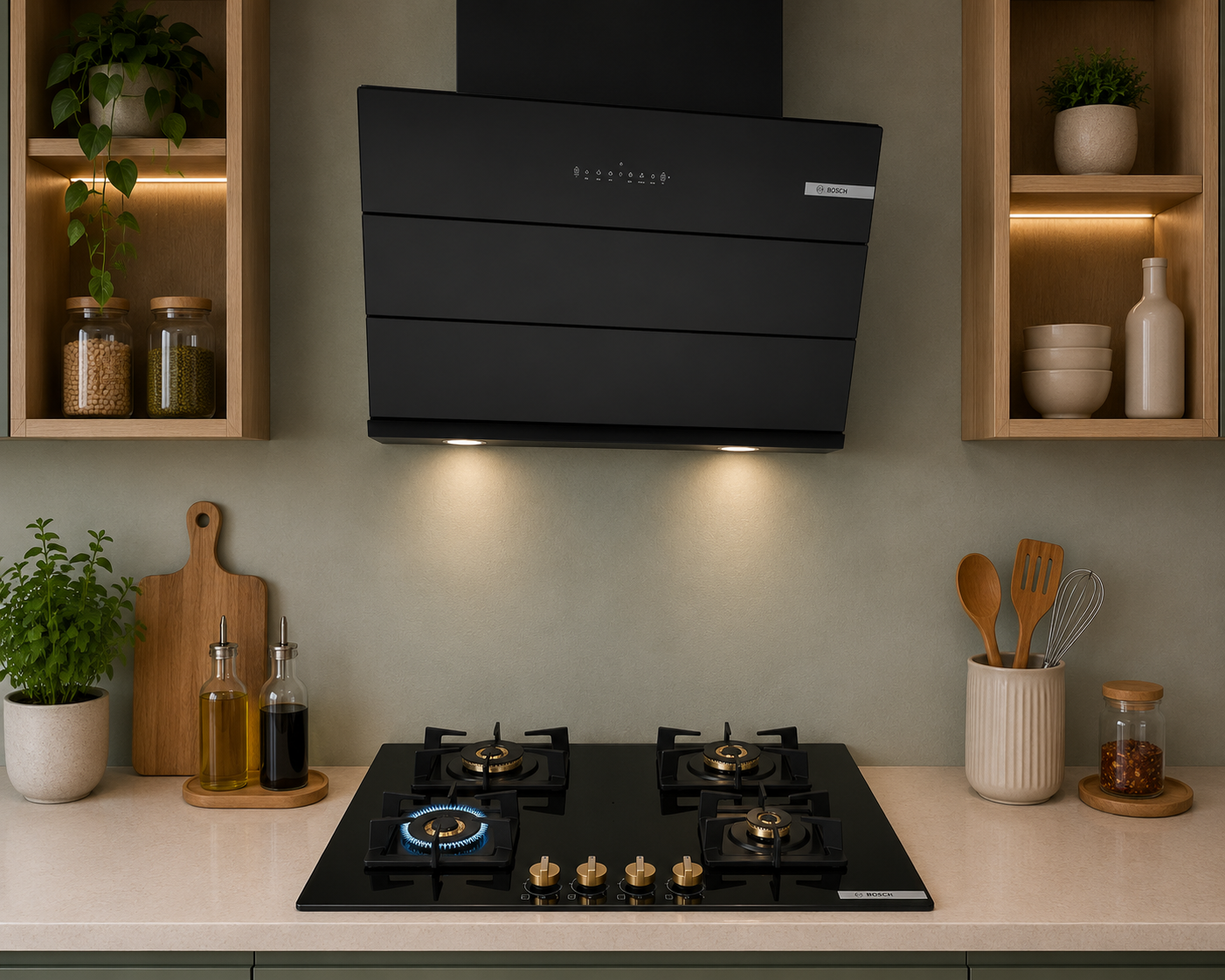 Bosch DWK98IJ60I 90cm Chimney + PNF9B6G20I 90cm 4 Brass Burner Hob Combo