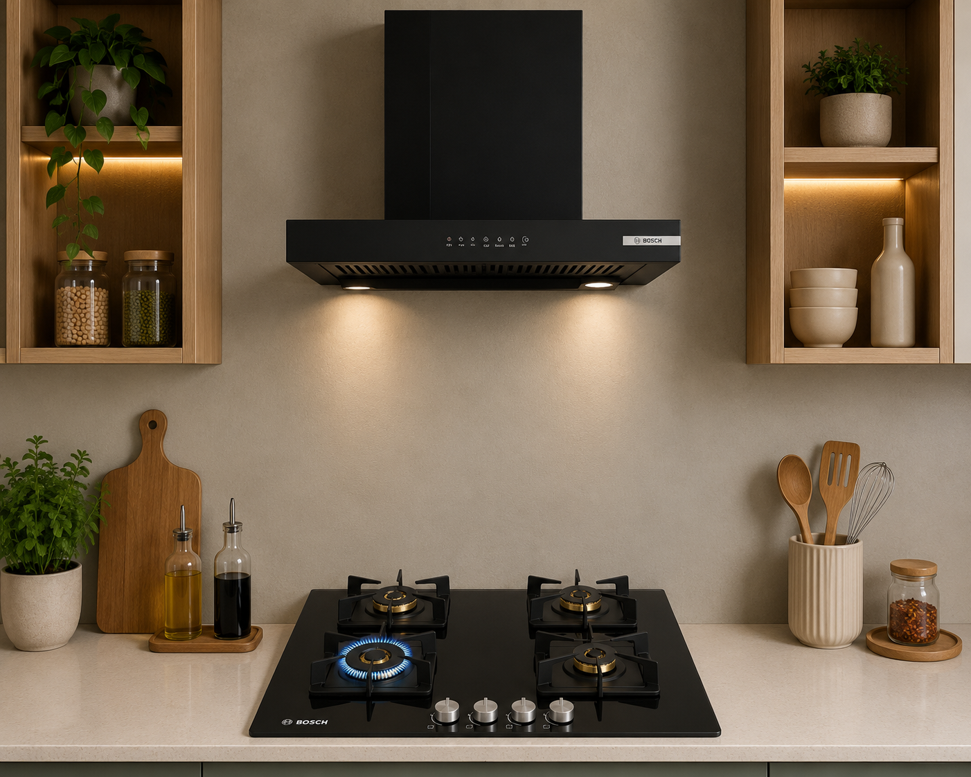 Bosch DWB68IJ60I 60cm Chimney + PNH6B6B12I 60cm 4 Burner Gas Hob Combo