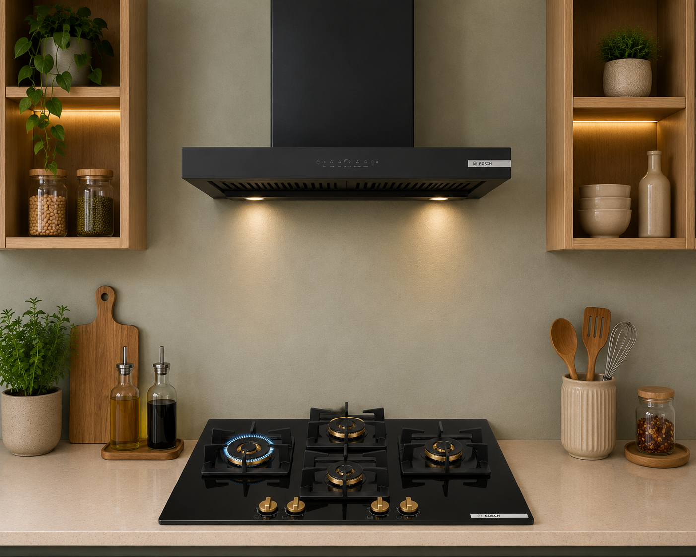 Bosch DWB98IJ60I 90cm Chimney + PNI7B6G20I 75cm 4 Brass Burner Hob Combo