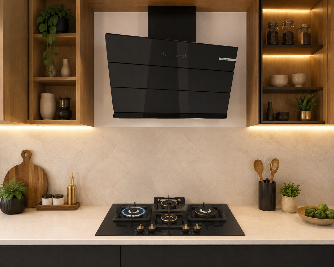 Bosch DWK98IJ60I 90cm Chimney + PNI7B6F20I 4 Brass Burner Hob Combo