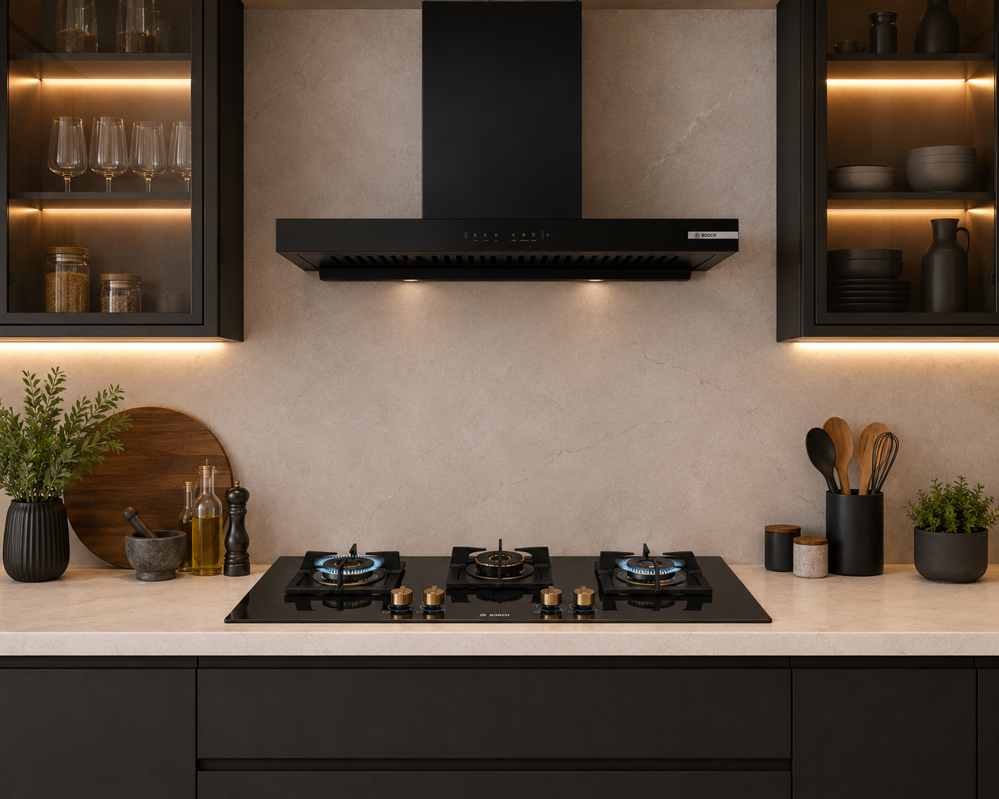 Bosch DWB98IJ60I 90cm Chimney + PNF9B6F20I 90cm 4 Brass Burner Hob Combo