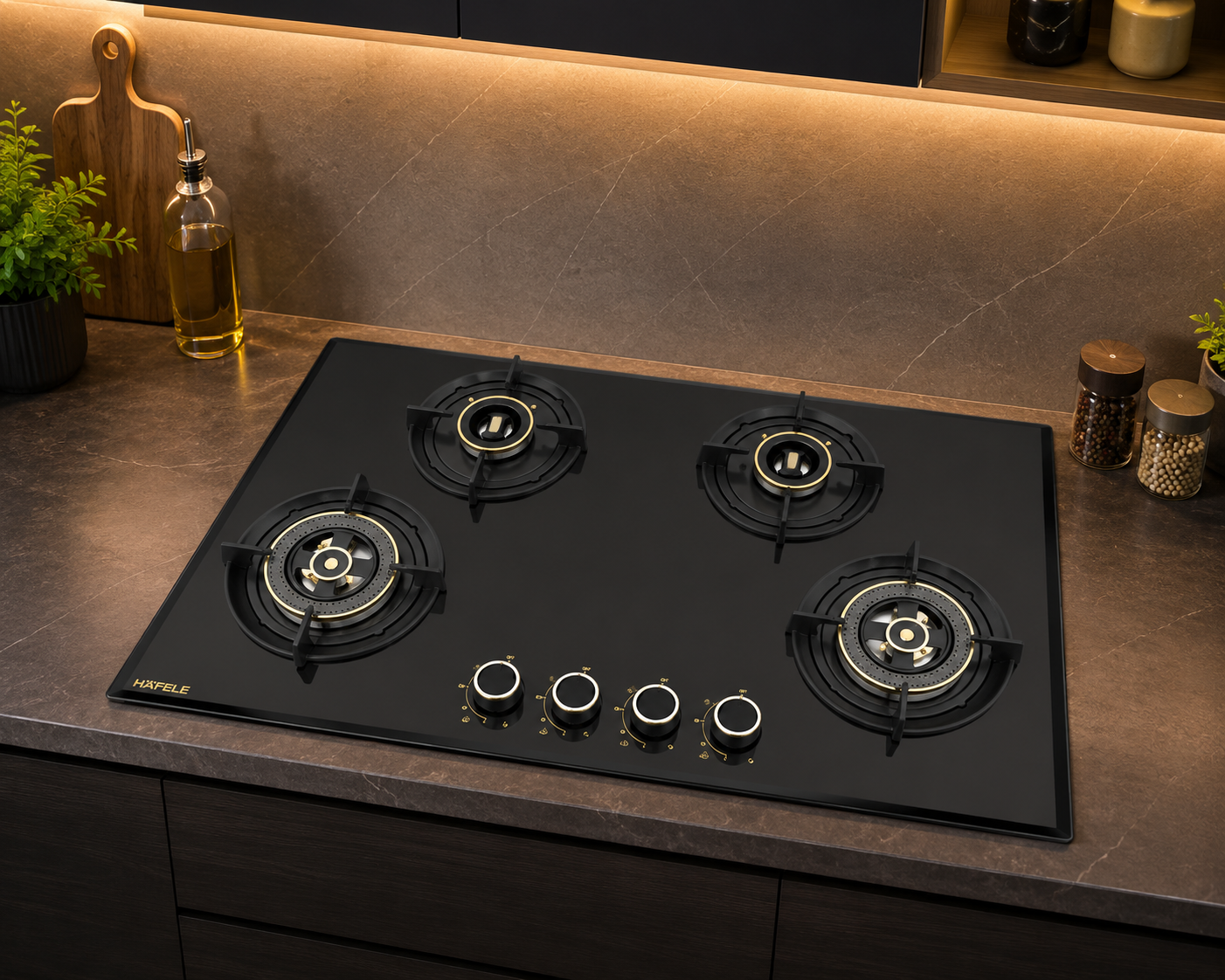 Hafele ALTIUS FS 490 86cm 4 Burner Built-in Fully Sealed Gas Hob | Matt Black Glass