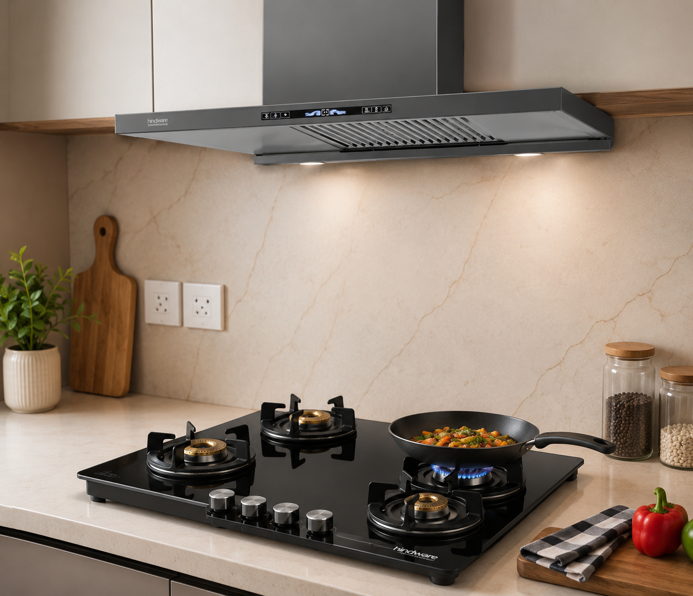 Hindware Imelda 90GRY BLDC Chimney + Alverio DPLX 4B Manual Gas Cooktop Combo