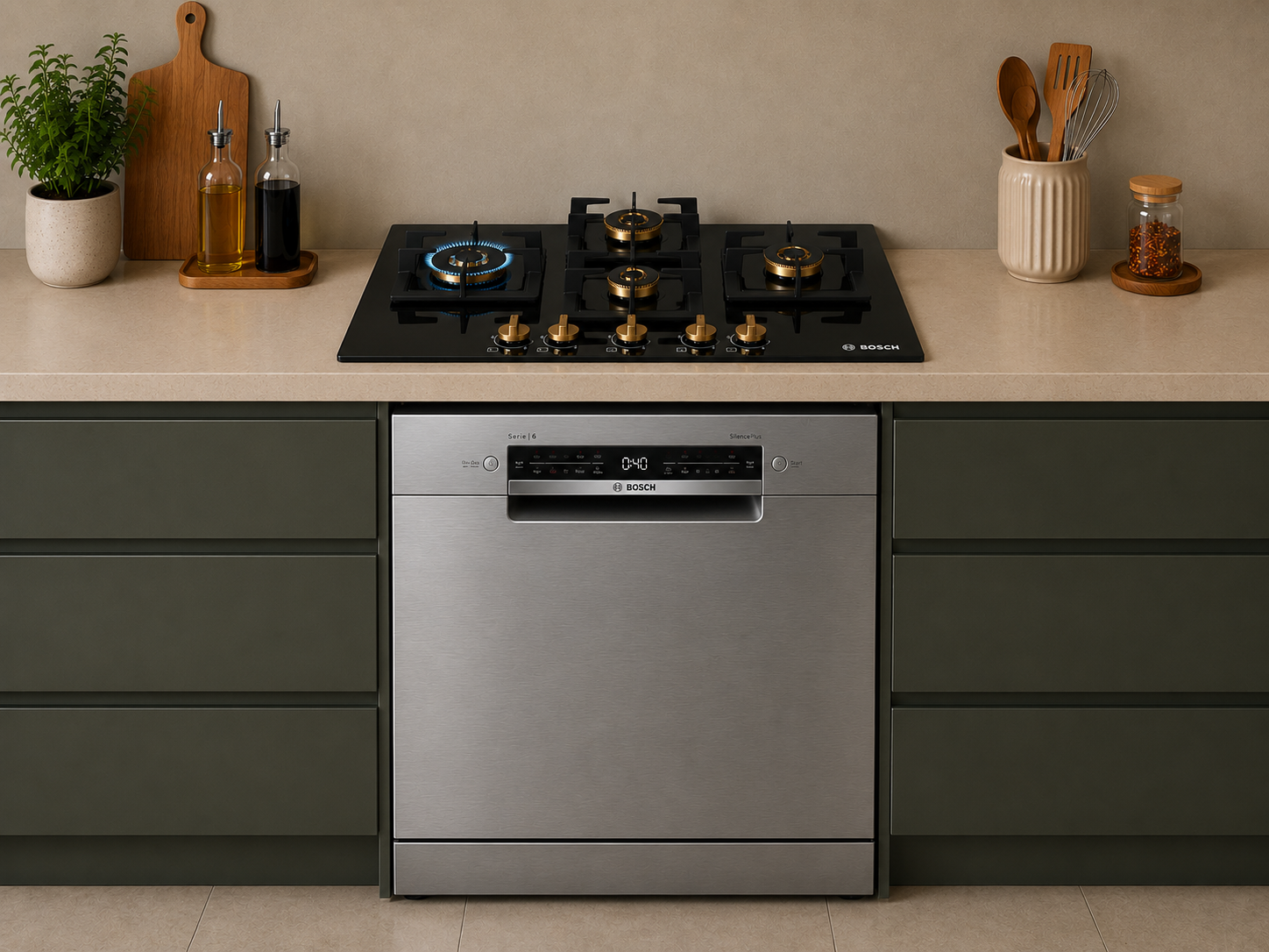 Bosch SMP6HMI00I Dishwasher + PNI7B6G20I 75cm 4 Brass Burner Hob Combo