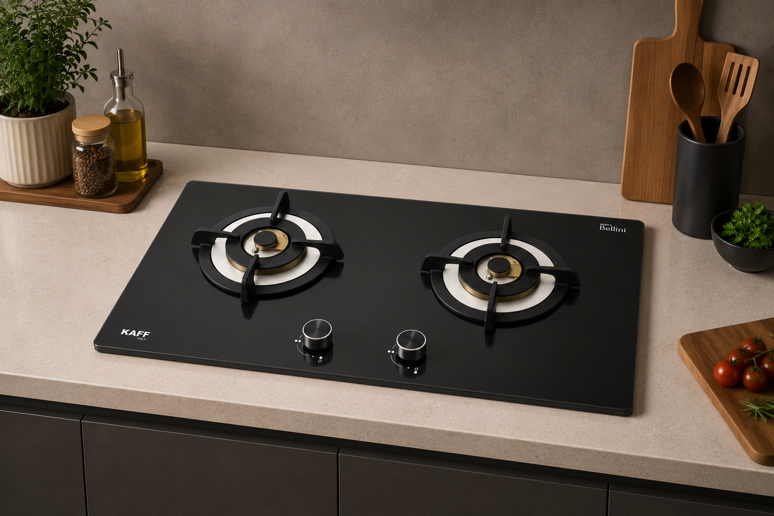 KAFF BLHF 302X 30cm 2 Brass Burner Built-in Gas Hob – Black Tempered Glass