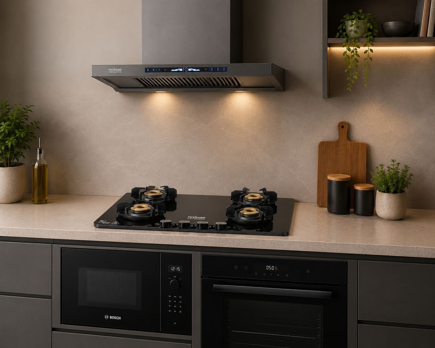 Hindware Imelda 75GRY Chimney + Alverio DPLX 4B AI Gas Cooktop Combo