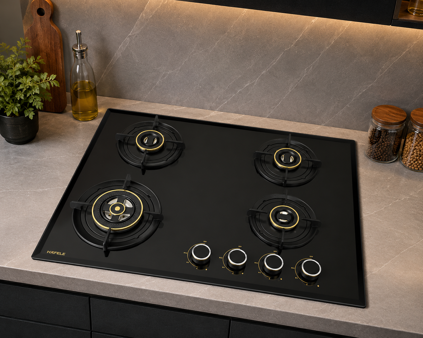 Hafele ALTIUS FS 460 60cm 4 Burner Built-in Fully Sealed Gas Hob | Matt Black Glass