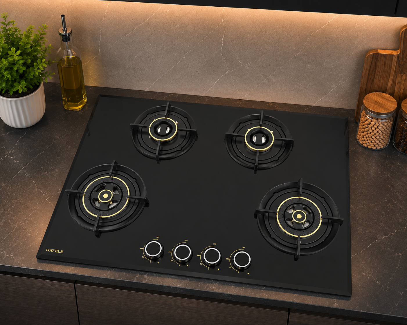 Hafele ALTIUS FS 480 78cm 4 Burner Built-in Fully Sealed Gas Hob | Matt Black Glass