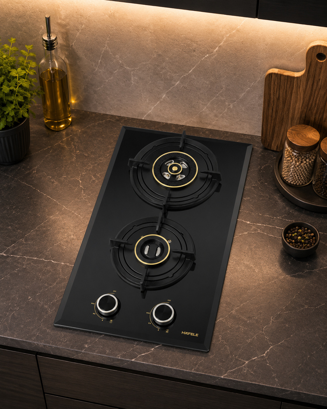 Hafele ALTIUS FS 230 30cm 2 Burner Built-in Fully Sealed Domino Gas Hob | Matt Black Glass