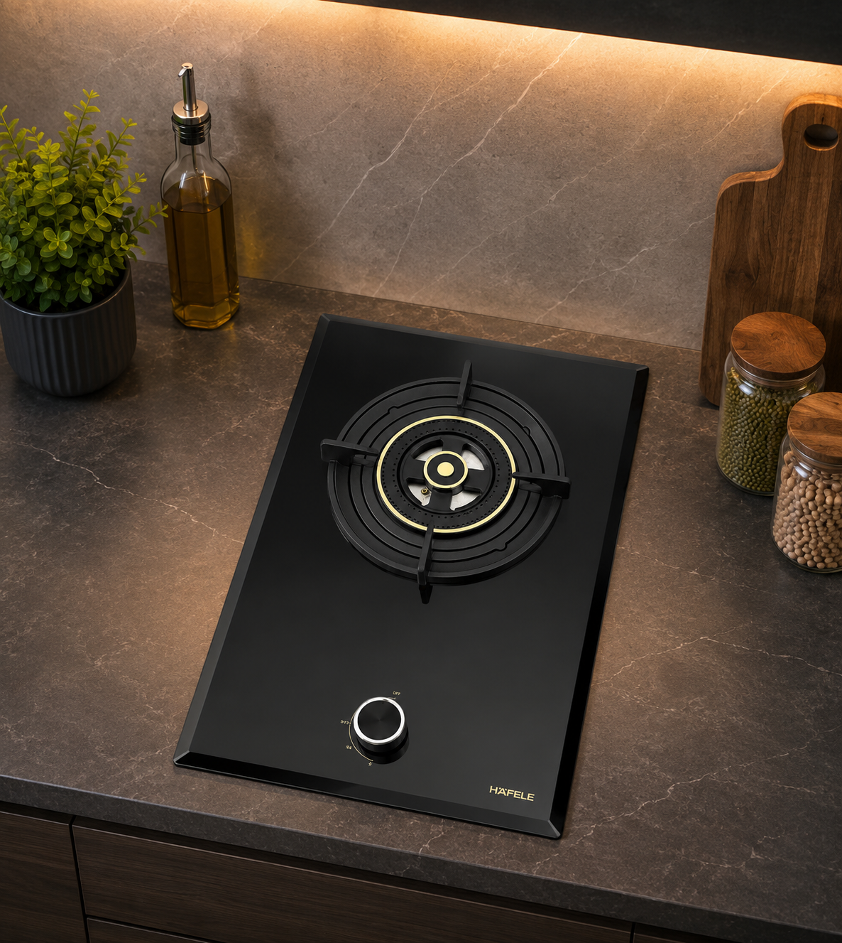 Hafele ALTIUS FS 130 30cm 1 Burner Built-in Fully Sealed Domino Gas Hob | Matt Black Glass