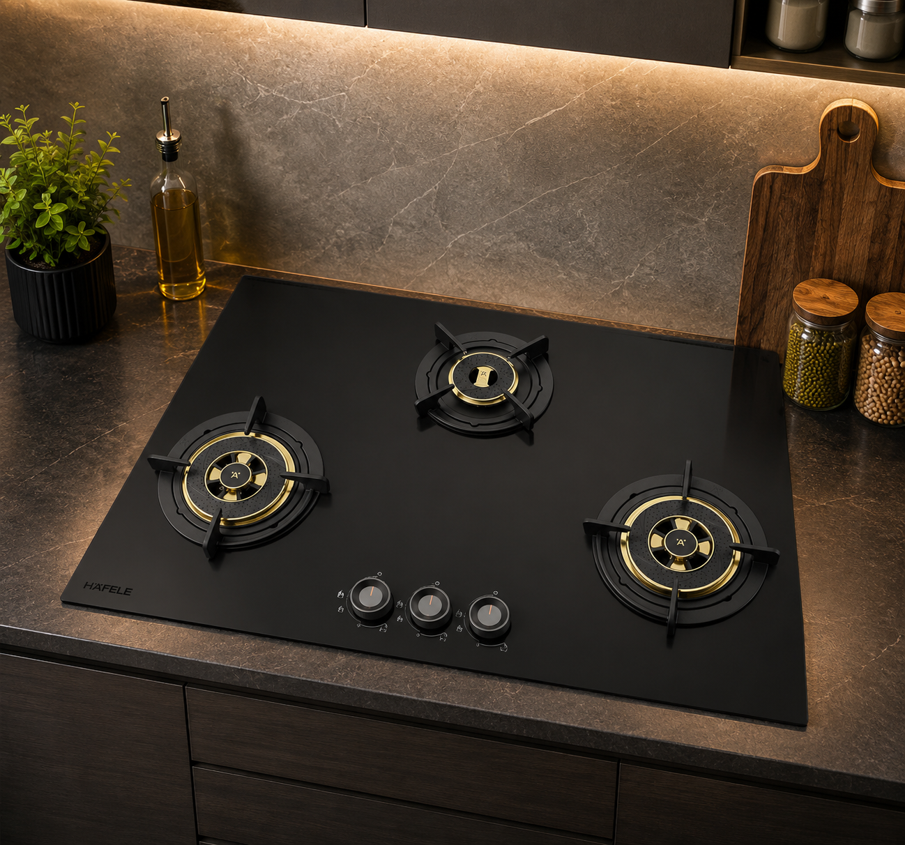 Hafele ALTIUS Plus Matt Glass 390 86cm 3 Burner Built-in Fully Sealed Gas Hob | TruMatt Black Glass