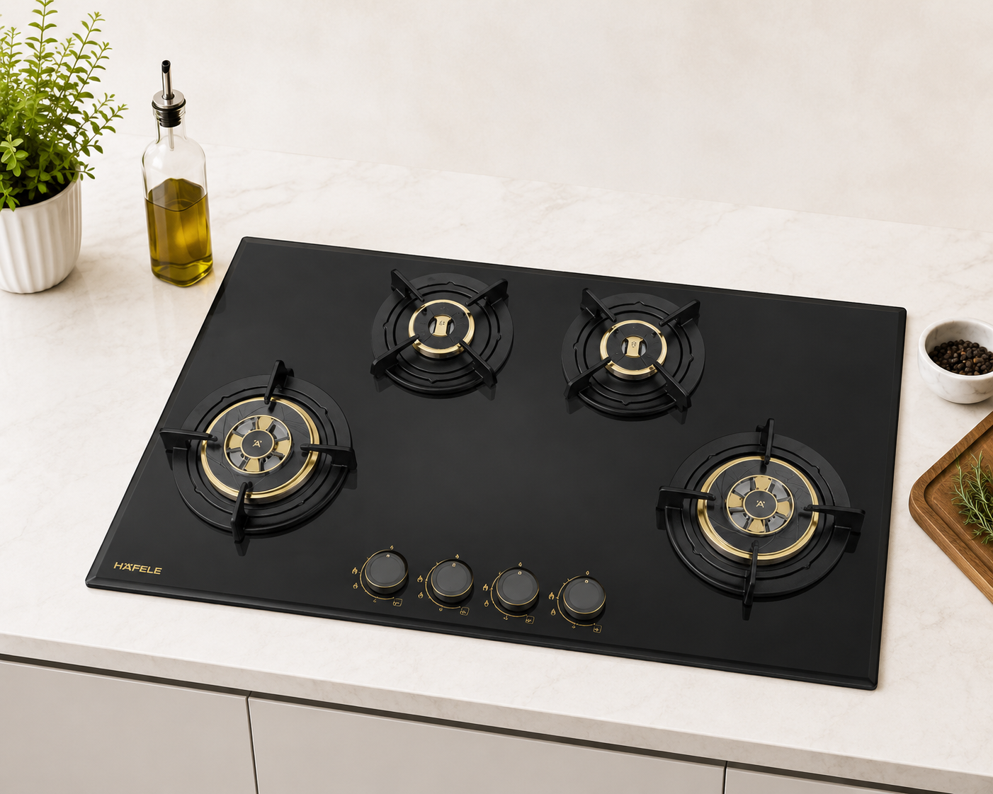 Hafele ALTIUS Plus 490 86cm 4 Burner Built-in Fully Sealed Gas Hob | Tempered Black Glass