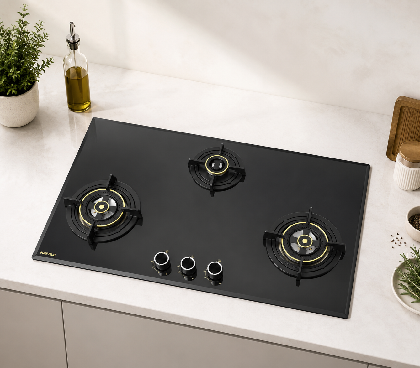 Hafele ALTIUS Plus 390 86cm 3 Burner Built-in Fully Sealed Gas Hob | Tempered Black Glass
