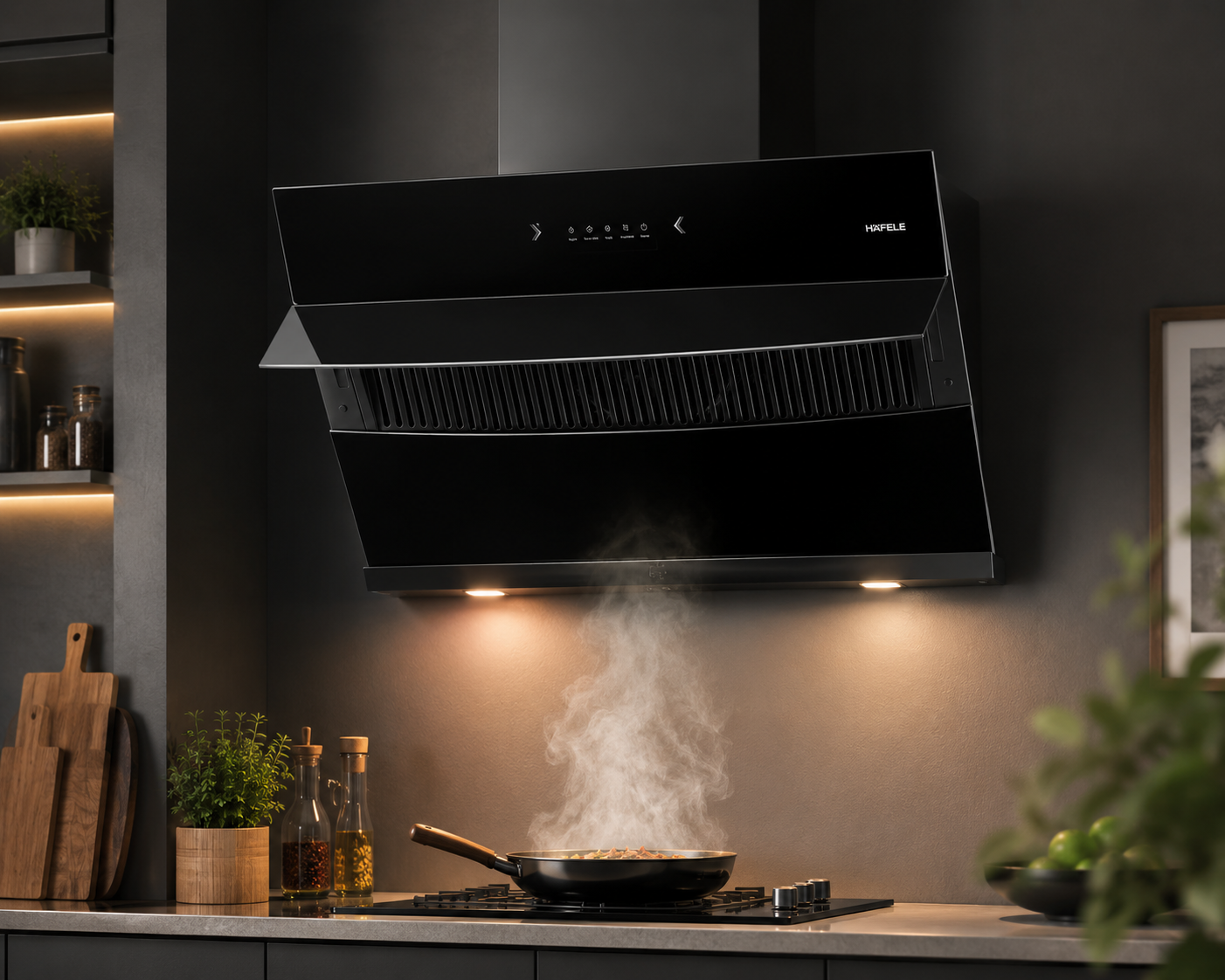 Hafele RHINE 90cm Filter-Free Wall Mounted Chimney with Gesture Control – Black Glass