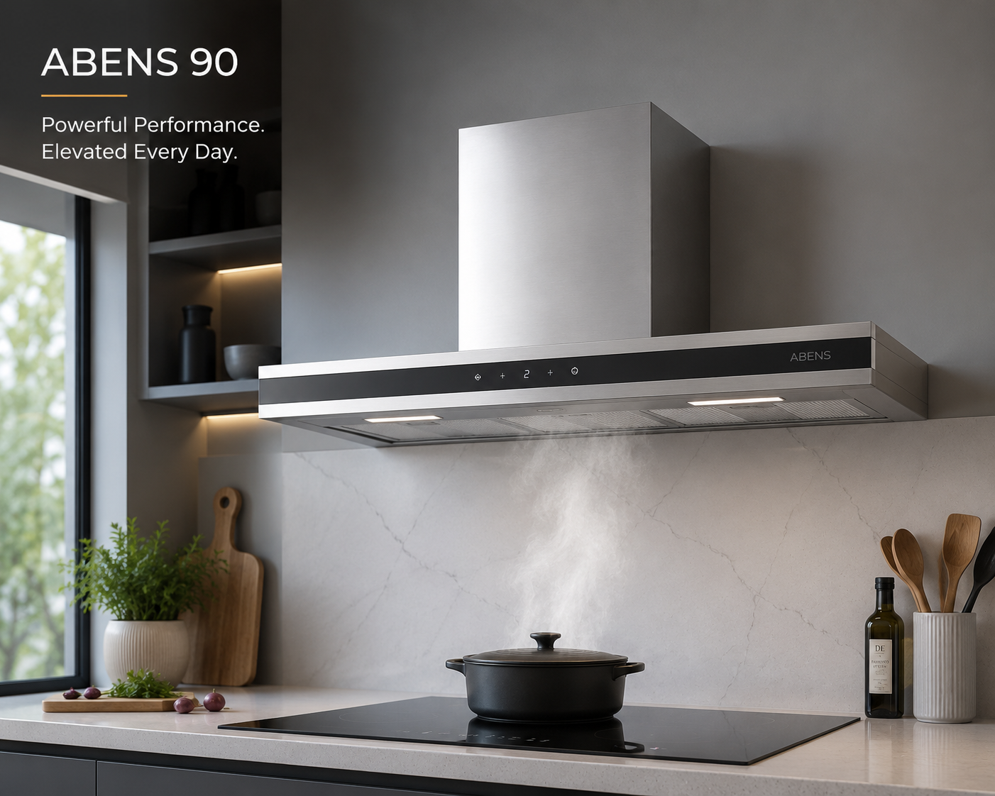 Hafele ABENS 90 90cm T-Shape Wall Mounted Kitchen Chimney | Black Glass