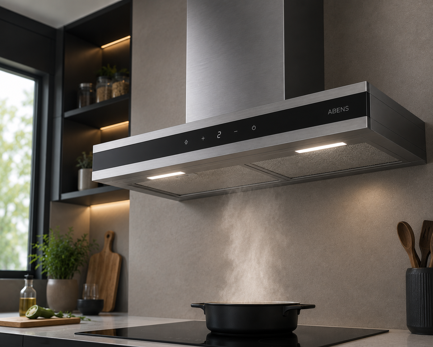 Hafele ABENS 90 90cm T-Shape Wall Mounted Kitchen Chimney | Black Glass