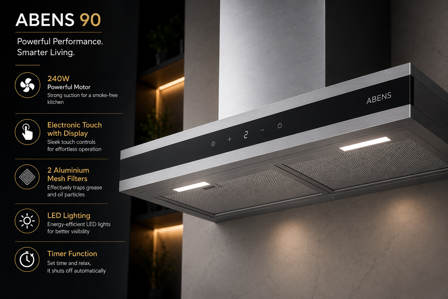 Hafele ABENS 90 90cm T-Shape Wall Mounted Kitchen Chimney | Black Glass