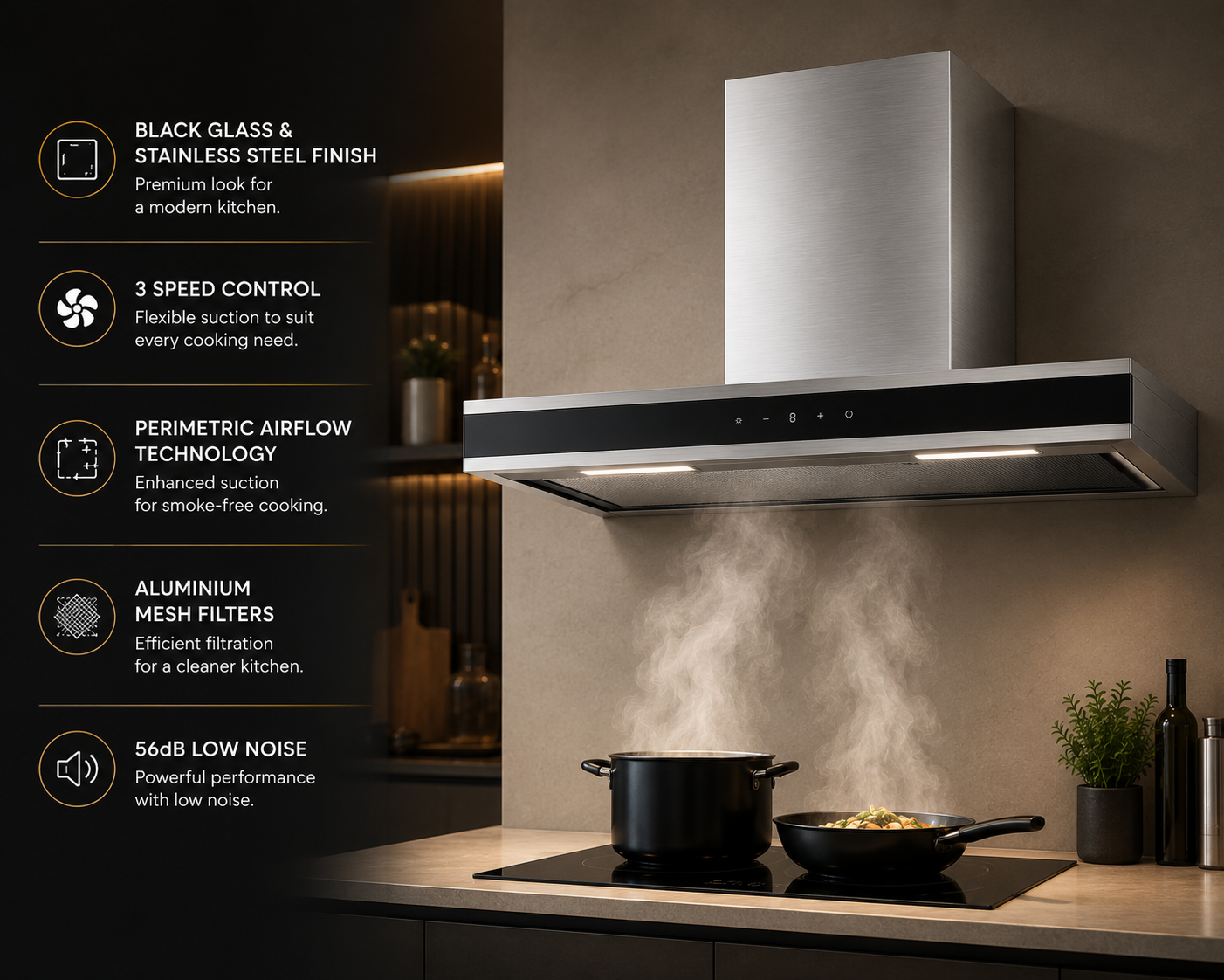 Hafele VETRA 90 90cm T-Shape Wall Mounted Kitchen Chimney | Black Glass & Black Steel