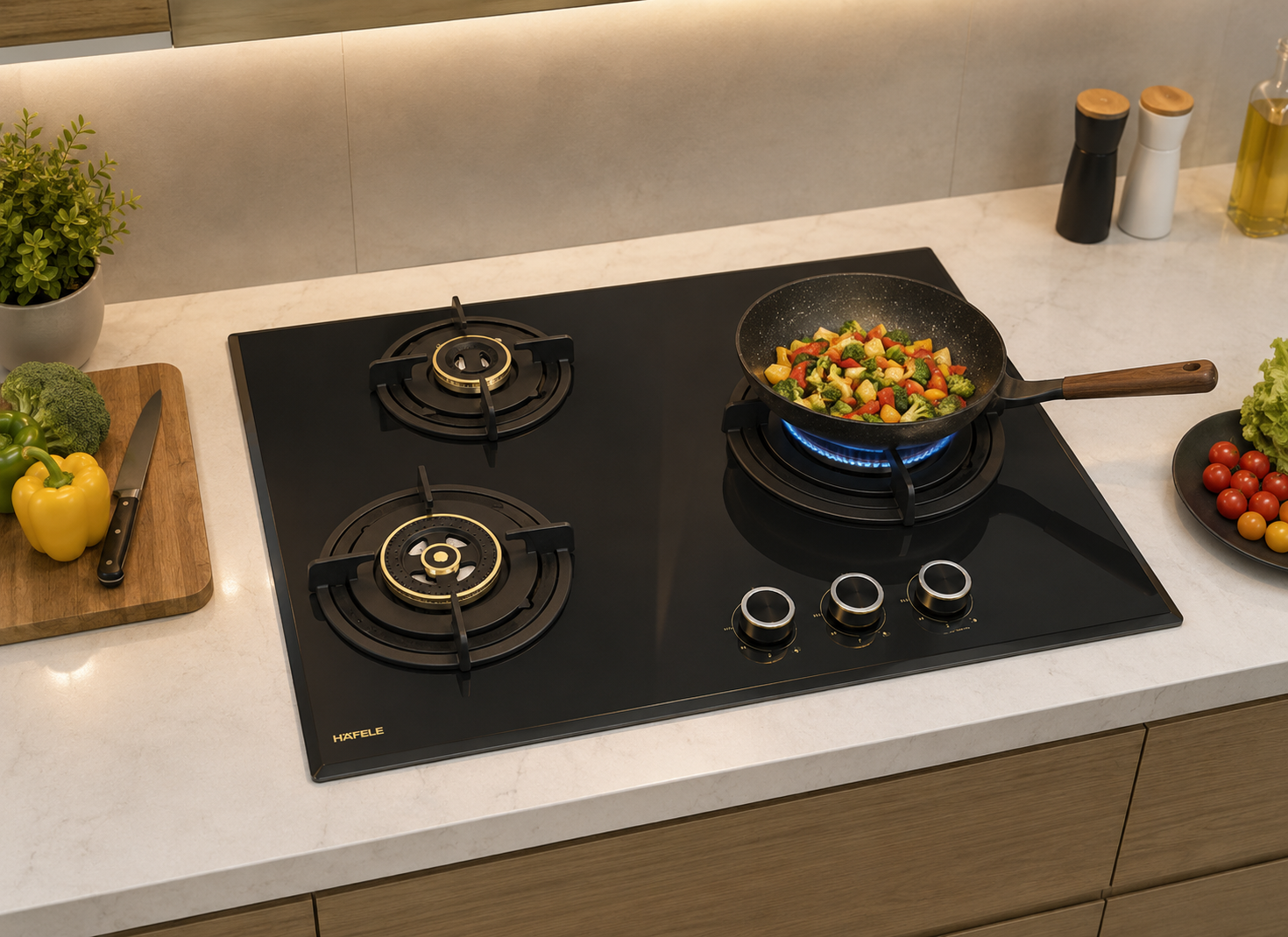 Hafele ALTIUS FS 360 60cm 3 Burner Built-in Fully Sealed Gas Hob | Matt Black Glass