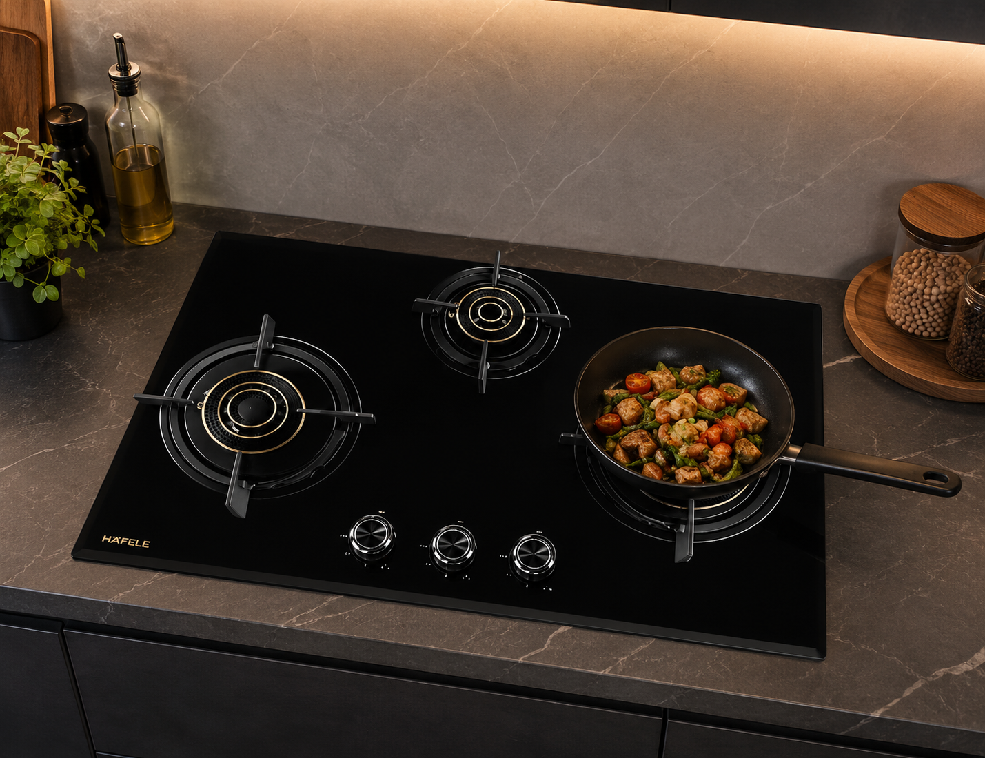 Hafele ALTIUS FS 378 78cm 3 Burner Built-in Fully Sealed Gas Hob | Matt Black Glass