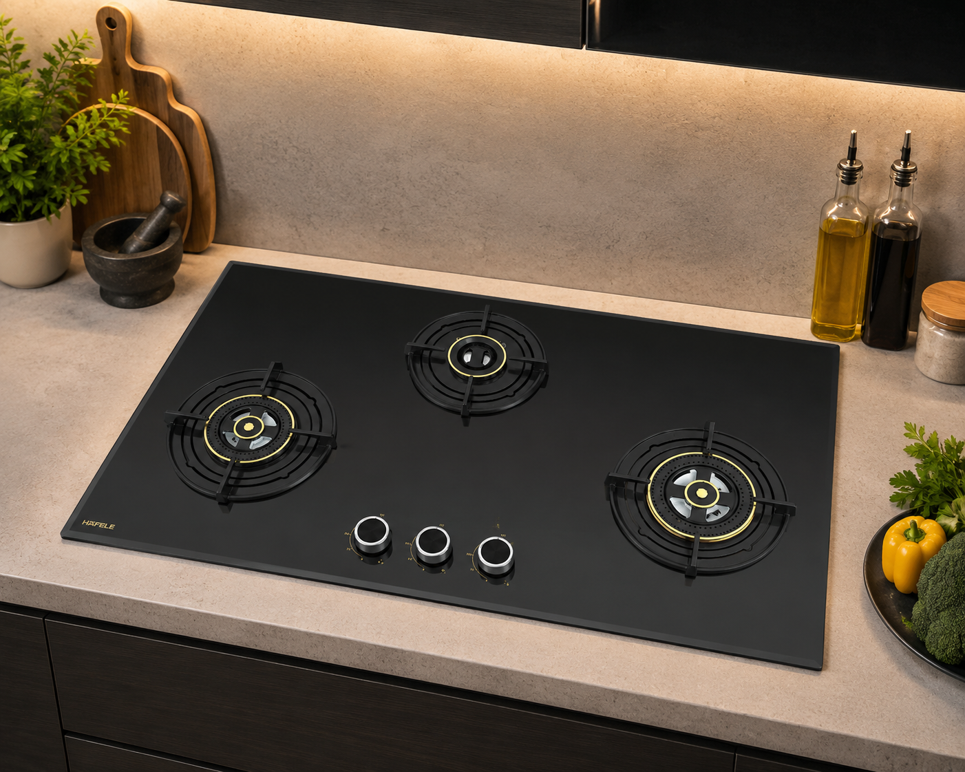 Hafele ALTIUS FS 390 90cm 3 Burner Built-in Fully Sealed Gas Hob | Matt Black Glass