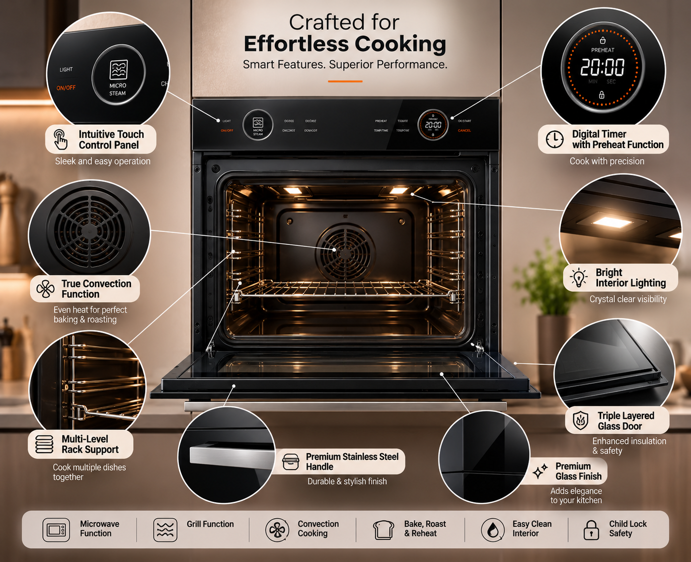 Hafele Diamond 77 CST 72L Built-in Combi Steam Oven | Touch Control & Food Probe