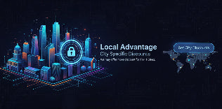 Digital cityscape with a lock icon and text about local discounts on a dark background