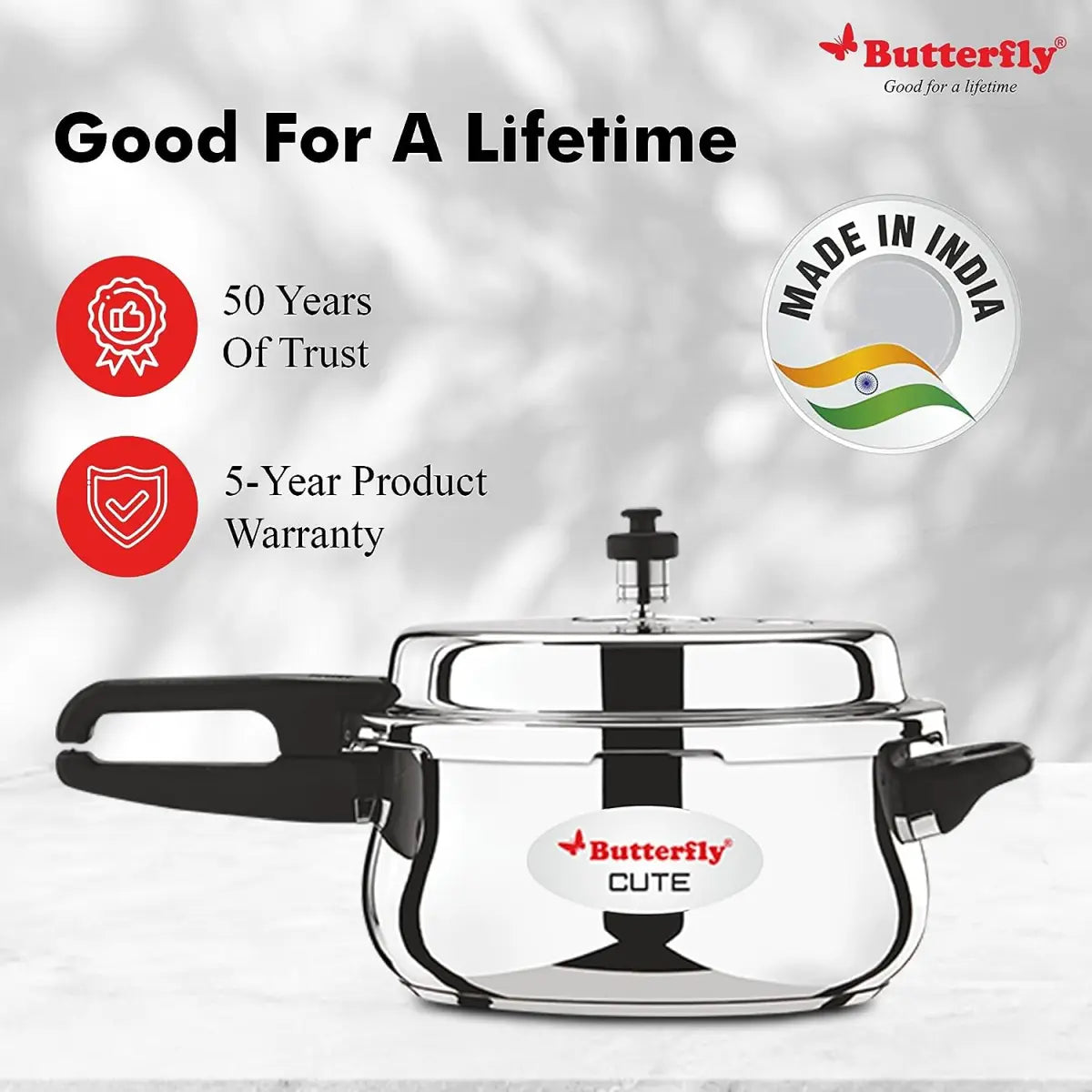 Butterfly Cute SS Induction Compatible Outer Lid Stainless Steel Pressure Cooker with Glass Lid 3 Ltr, Silver