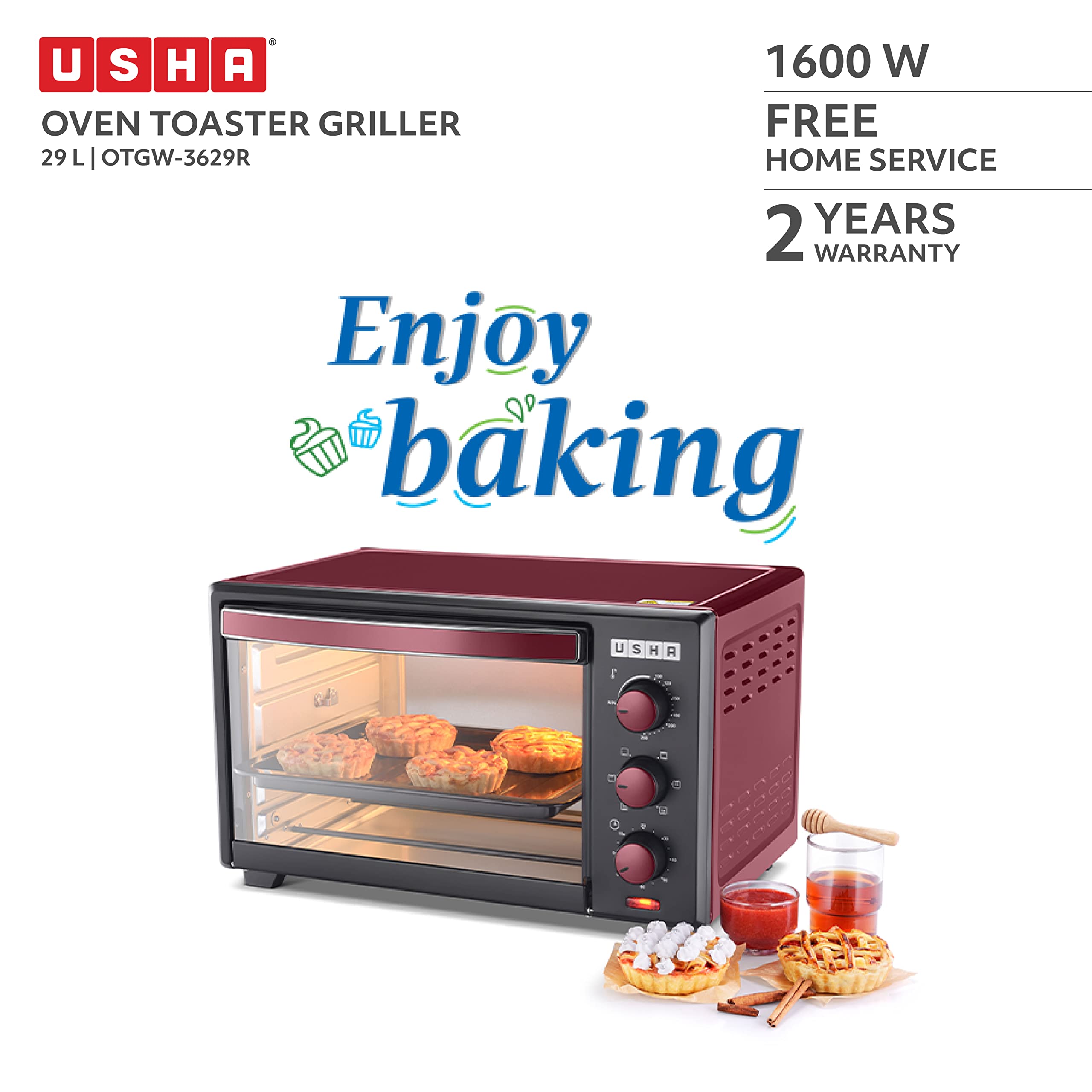 Usha 3629R 29L Oven Toaster Grill with Rotisserie and Convection, 1600 W, 6 mode Heating Function(Wine & Matte Black)