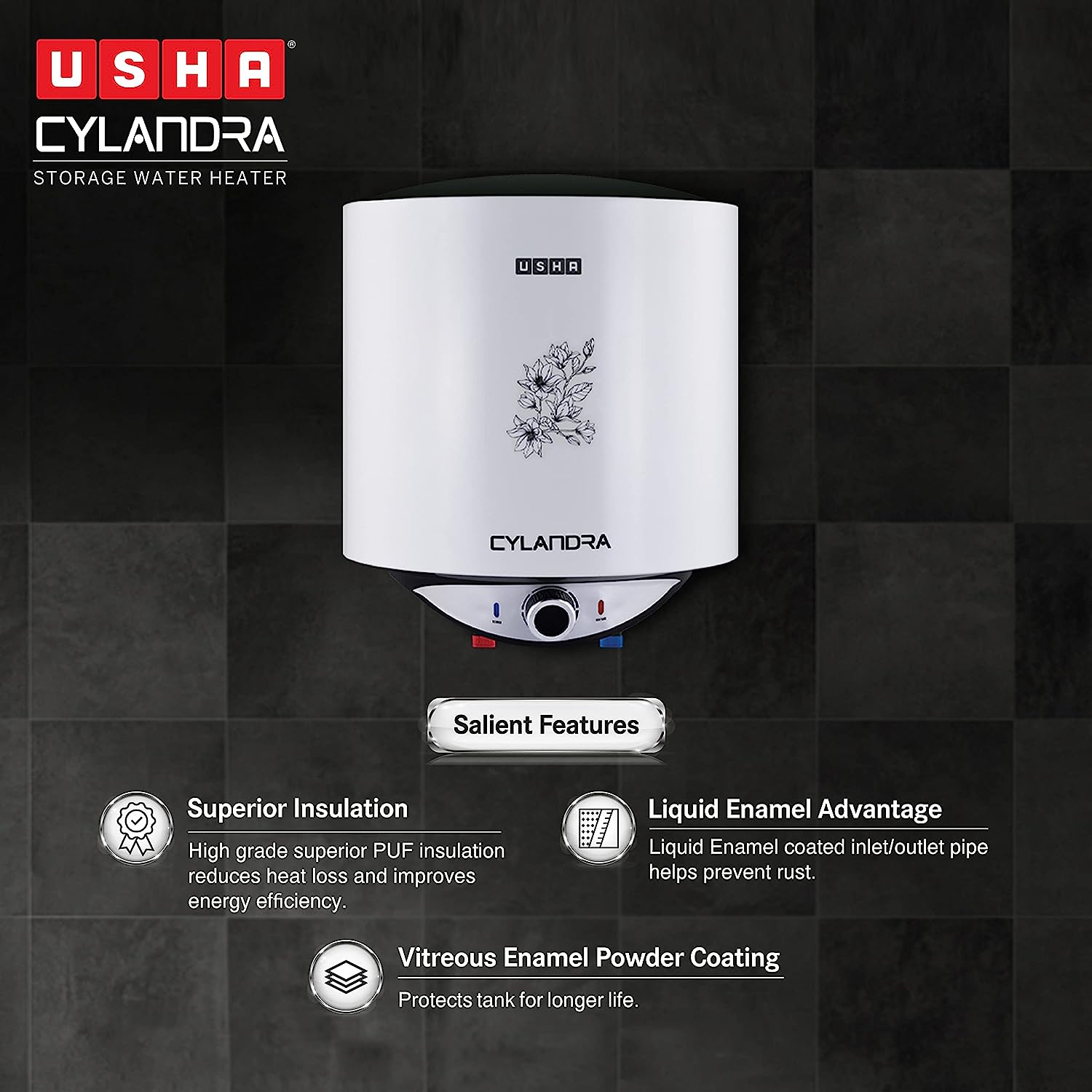 Usha Cylandra 15 Litre Storage Water Heater With Free Installation (White), Wall Mounting