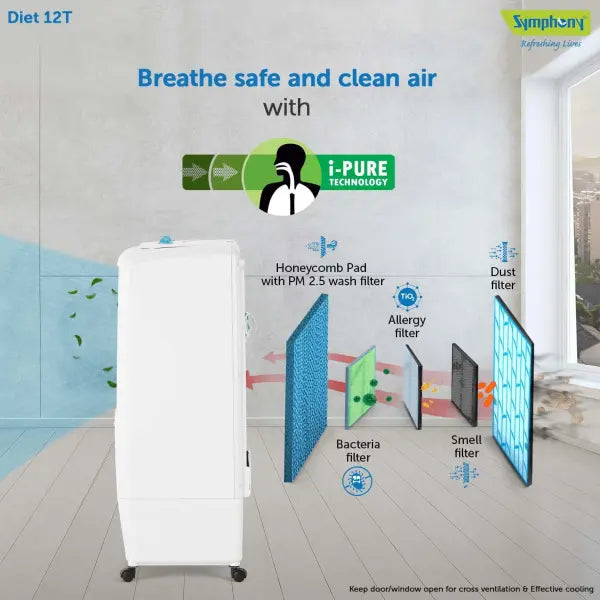 Symphony Diet 12T Personal Tower Air Cooler for Home with Honeycomb Pad, Powerful Blower, i-Pure Technology and Low Power Consumption (12L, White)