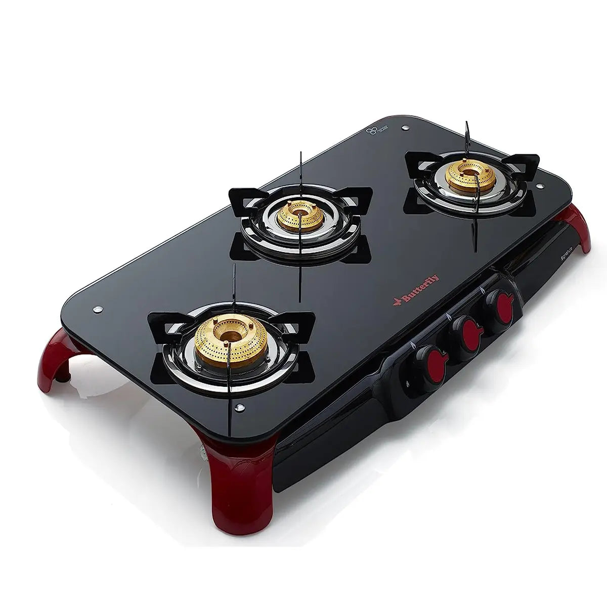 Butterfly Signature Glass Top 3 Burner Gas Stove, Manual Ignition, Black/Red